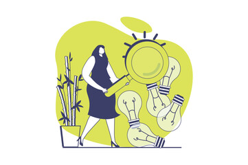 Finding ideas web concept with flat people for website design. Woman with magnifier making research, looking information and brainstorming, finding decisions and innovations. Vector illustration.