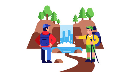 Adventurous Pair Exploring Wilderness Near Enchanting Waterfall Illustration on a Black Background