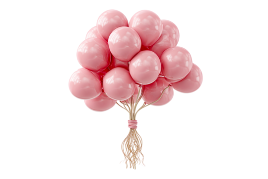 Pink party balloons tied with string on white background on a transparent background, cut out
