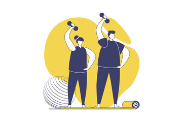 Fitness at gym web concept with flat people for website design. Woman and man training with dumbbells and fit ball, doing exercises with strength program for pumping muscles. Vector illustration.