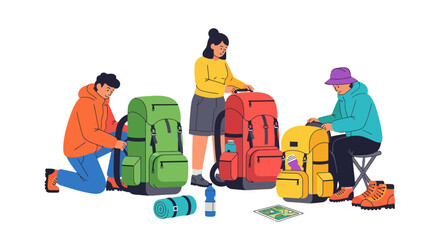 Adventurous Travelers Packing Backpacks Ready For Their Hiking Adventure or Mountain Expedition