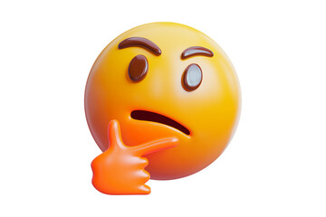 Fototapeta premium A glossy 3D rendering of a thinking face emoticon with a hand on its chin, symbolizing contemplation, doubt, and problem-solving. Isolated on a white background for design projects