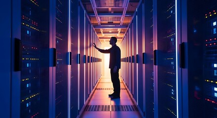 A data center technician inspects the server racks in a modern data center, ensuring optimal performance and security of the network infrastructure