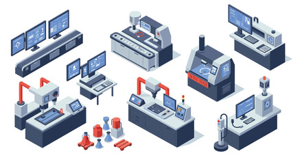 Fototapeta premium Isometric industrial factory equipment and machinery set for modern production facilities