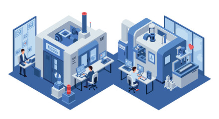 Isometric smart factory design with modern industrial process and automation