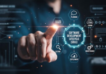 Software development lifecycle concept with a man pointing at a digital screen showing icons related to the software development lifecycle, including a cloud, a database, and a gear