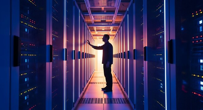 A data center technician inspects the server racks in a modern data center, ensuring optimal performance and security of the network infrastructure