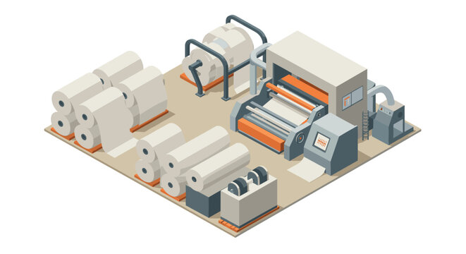 Modern isometric paper mill factory with industrial machines and rolling paper reels