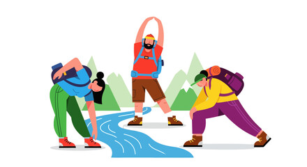 Adventurous Trio Stretching Before Hiking Amidst Scenic Mountain Landscape Depiction