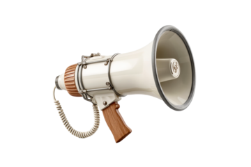 Vintage Megaphone with Wooden Handle and Coiled Cord on a transparent background, cut out