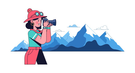 Adventurous Woman Capturing Majestic Mountain Peaks With Her Professional Camera on a Black
