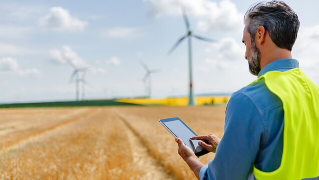 Engineer with Tablet Inspecting Wind Turbines in Golden Wheat Field