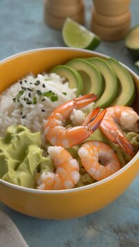 Shrimp Bowl mit Avocado, Jasminreis und Limetten-Dressing