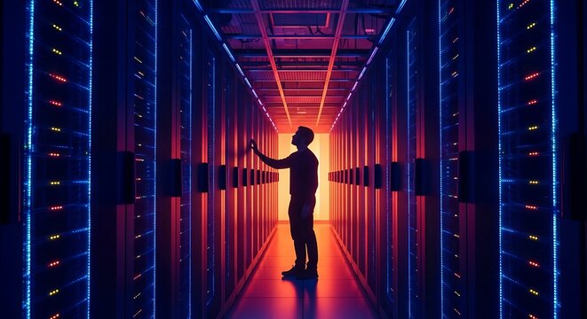 A data center engineer is inspecting server racks in a modern data center, ensuring optimal performance and security of the network infrastructure