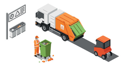 Naklejka premium Garbage collection process with garbage truck, worker, and signage in isometric style