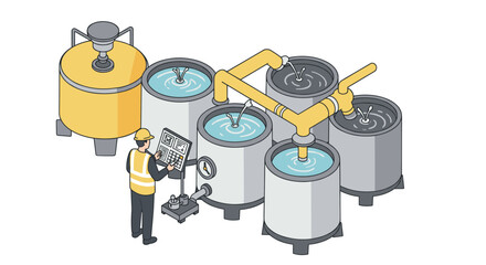 Isometric brewery diagram with worker controlling automated fermentation tanks
