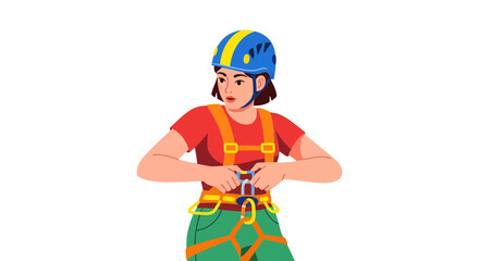 Adventurous Young Woman Preparing For Climbing, Safety Equipment and Black Background