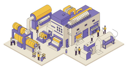 Isometric industrial factory scene with workers operating machinery in vibrant colors