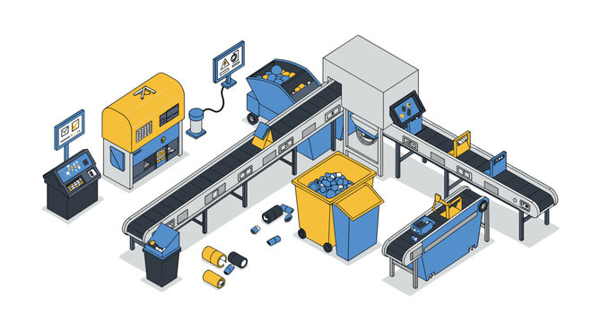 Industrial conveyor system with recycling bins and automated machinery in isometric style