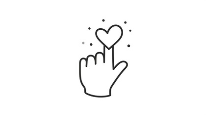 Minimalist outline of a hand touching a heart, surrounded by small dots, all in black and white, on a light background