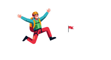 Aimed Traveler Reaching Goal While Jumps With Arms Raised High Reaching Success