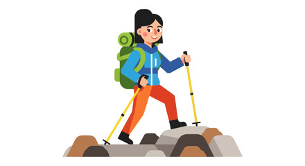 Adventurous Traveler Ascending Rocky Terrain With Backpack And Hiking Poles, Isolated
