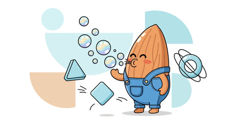 Almond Character Blowing Bubbles With Floating Shapes, Cute Cartoon Art, Illustration