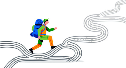 Adventurous Traveler Ascending Symbolically Upwards on Abstract Pathway Towards Goal