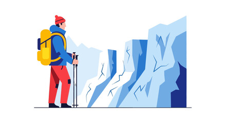 Adventurous Traveler Ascending Mountain, Facing Challenging Frozen Mountains Ahead