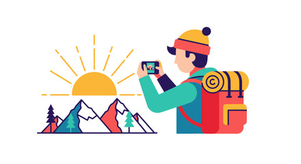 Adventurous Traveler Captures Sunrise Over Majestic Mountain Scene with Phone