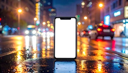 Phone with blank screen, laying on wet street at night, with city lights and blurred traffic