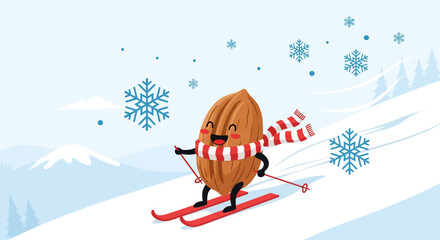 Almond Enjoying Winter Sports on Snowy Mountain Slope with Festive Snowflake Decorations