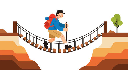 Adventurous Traveler Crossing Suspension Bridge During A Hiking Expedition