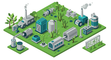 Fototapeta premium Ecofriendly industrial park isometric design with sustainable factories and green spaces