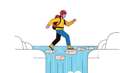 Adventurous Traveler Crossing The River, Illustrated Design With Minimalistic, Flat Style