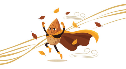 Almond Hero: Animated Nut Superhero Amidst Autumn Leaves and Whimsical Wind