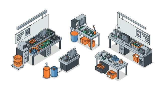 Isometric electronics repair workshop with tools, equipment, and circuit boards