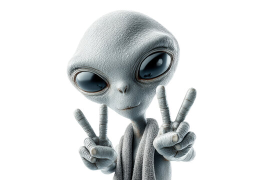 Alien character with grey skin and large eyes making peace sign on a transparent background, cut out