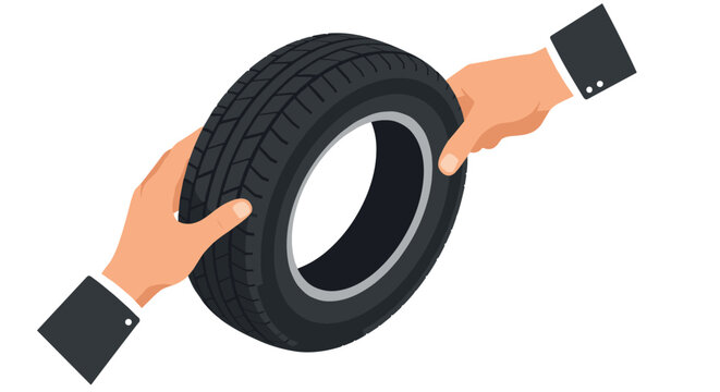 Hands holding car tire on white background in flat design
