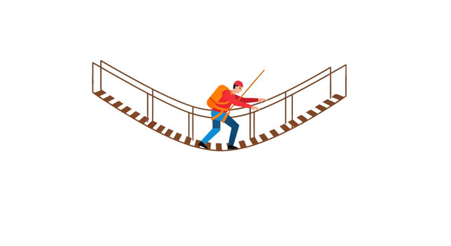 Adventurous Traveler Crossing The Rope Bridge Overcoming Risk With Determination - Powered by Adobe