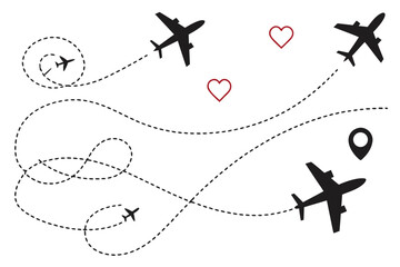 Airplanes Flying with Dotted Routes and Hearts on White Background flight travel