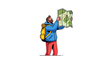 Adventurous Traveler Examining a Map in Search of Directions Illustration
