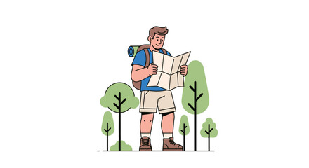 Adventurous Traveler Exploring Nature With a Map While Surrounded by Trees