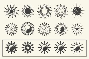 Assortment of Sun and Moon Icons in Various Styles celestial symbol