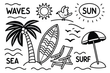 Black and white cartoon beach scene with palm tree surfboard and sun summer vacation