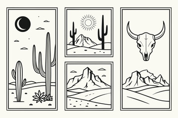 Black and white desert landscape illustrations with cacti moon sun and bull skull