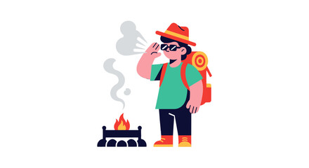 Adventurous Traveler Gazing At Campfire and Smoke in a Minimalist Vector Style