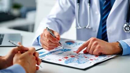 Medical professional analyzing healthcare data with a client. - Powered by Adobe