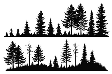 Black silhouette of evergreen forest landscape with varied trees and grass pine spruce