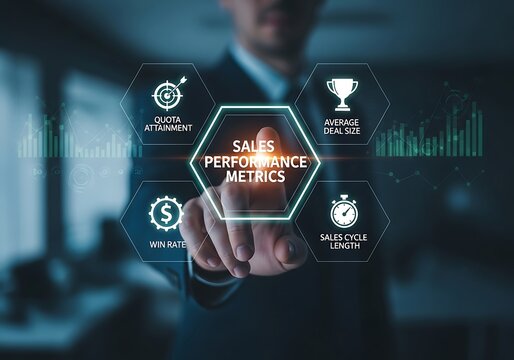 Businessman pointing at a virtual interface displaying sales performance metrics, including target achievement, average rate, sales growth, and lead generation, in a modern office setting